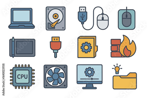 Vector icons of computer hardware and software components