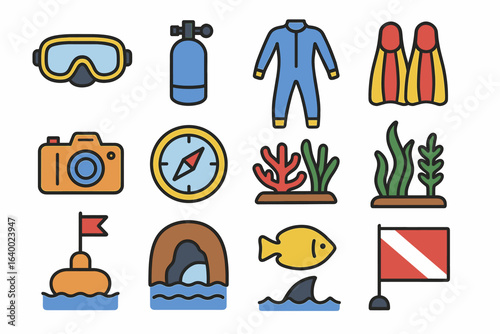 Colorful scuba diving icons featuring gear and marine life elements