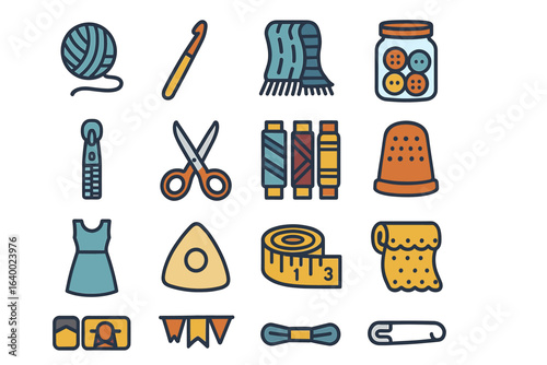 Sewing and knitting tools: yarn, crochet hook, scissors, measuring tape, thimble, zipper