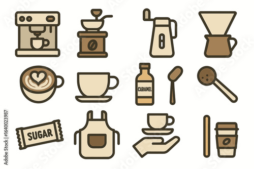 Coffee icon set featuring machines, cups, grinder, spoons, and sugar packet in brown tones