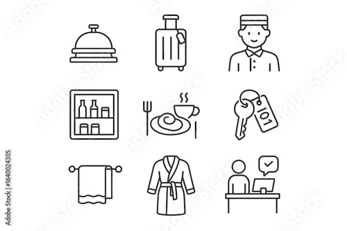 Hotel icons: bellhop, luggage, meal, mini-bar, keys, reception, robe, towel