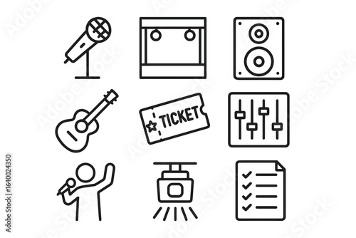 Concert icons: microphone, stage, guitar, ticket, speaker, mixer, performer, lights, checklist
