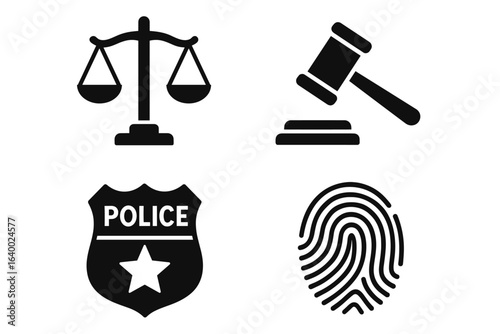 Justice symbols collection: scale, gavel, police badge, and fingerprint icons