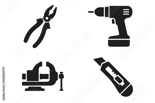 Tool icons: pliers, cordless drill, vise, utility knife silhouettes