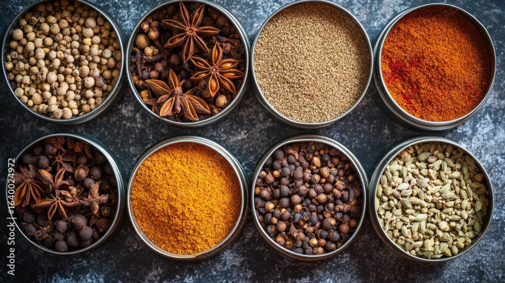 Various spices in small metal containers. Various spices in small metal containers.