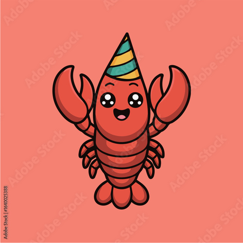 Illustration of a cheerful lobster cartoon character wearing a party hat, adding a touch of whimsy and celebration to any design, perfect for birthdays and festive occasions