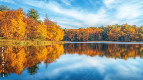 Autumn foliage reflected in a calm lake.