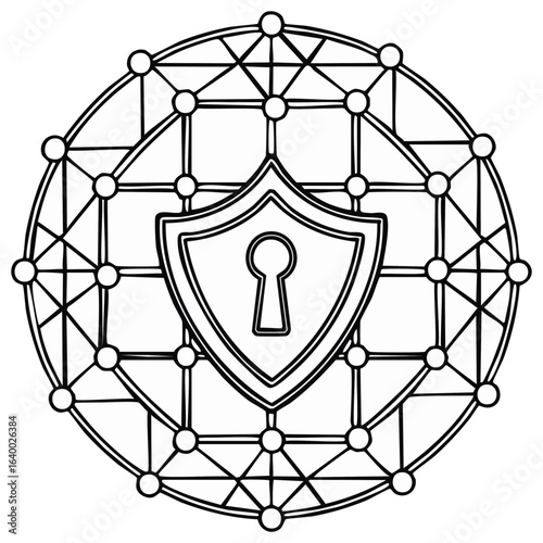 Digital Security Shield with Network Grid and Keyhole Symbol Line Art