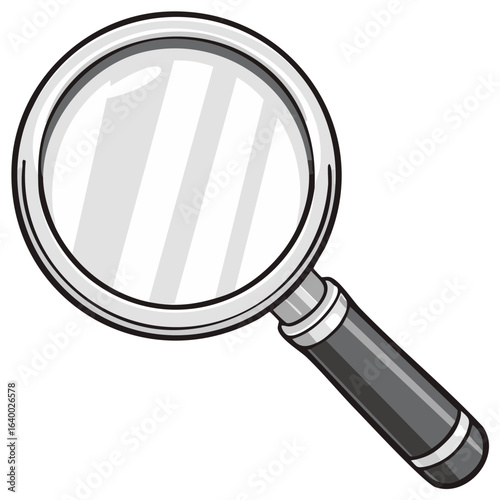 Simple black and white cartoon magnifying glass vector graphic for search and discovery concepts