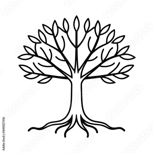 Stylized tree trunk roots branches foliage nature plant silhouette vector illustration