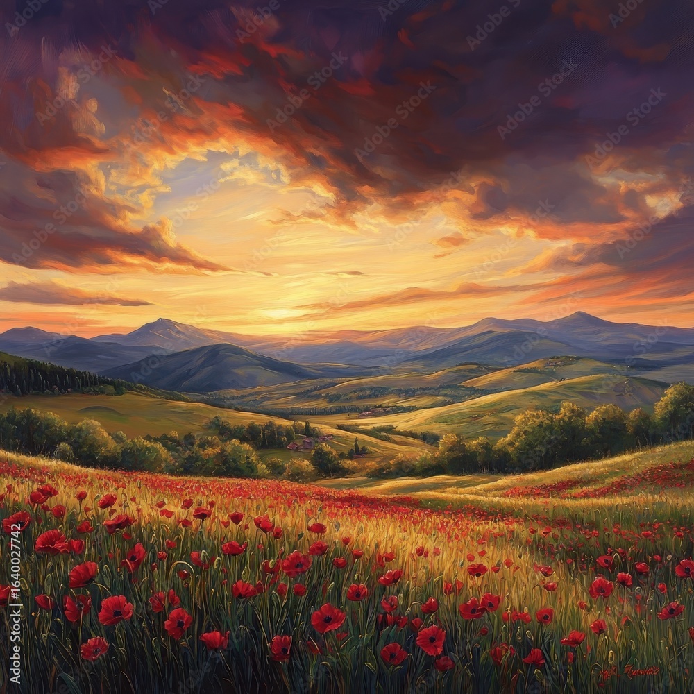 Fototapeta premium Serene Sunset Landscape. Vibrant Poppy Field, Rolling Hills, Dramatic Sky, Impressionistic Painting Style