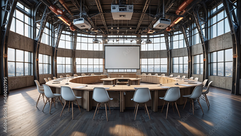 Naklejka premium Modern Conference Hall With Hexagonal Tables And Industrial Architecture Design Elements