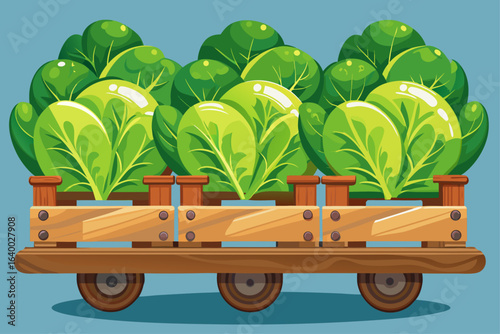vector of 6 separated heads of lettuce, salavena arranged neatly on a wooden wheeled cart