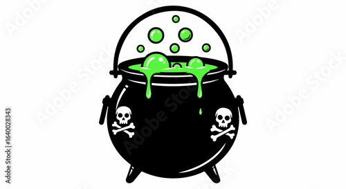 Black Cauldron with Bubbling Green Potion, Skulls and Crossbones