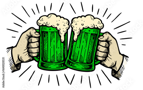 Two Green Beer Mugs Clinking with Foam Splash – St. Patrick’s Day Celebration Illustration