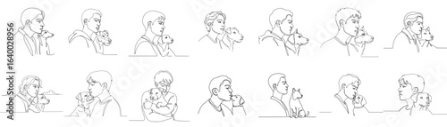 Profile of a person with a dog, set of 10 icons, isolated on transparent background
