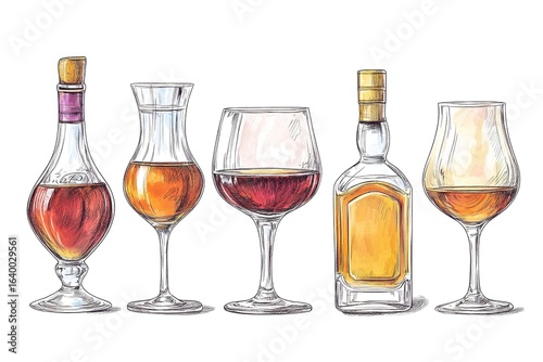 hand drawn design set of different brandies types. Cognac, armagnac, calvados, Grappa and brandy.