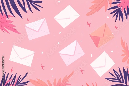 Isolated in pastel pink background, flat illustration style, with envelopes