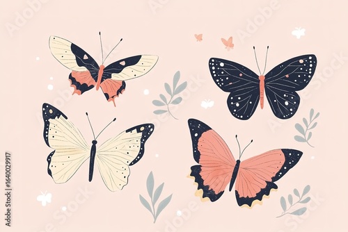 Isolated in pastel pink background, flat illustration style, with butterflies