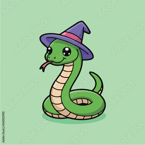 Cute cartoon snake wearing a witch hat, a playful reptile in a halloween costume with a cheerful expression, isolated on a green background, vector illustration