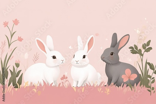 Isolated in pastel pink background, flat illustration style, with rabbits