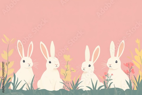 Isolated in pastel pink background, flat illustration style, with rabbits
