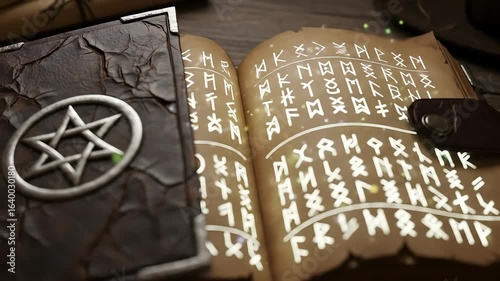 Open book with ancient symbols and glowing runes on wooden surface.