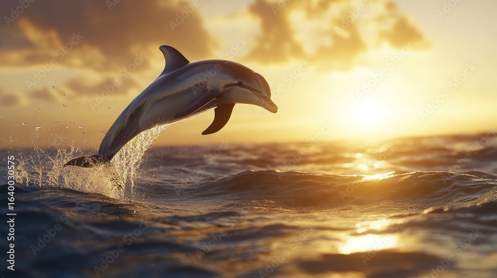 Fototapeta premium A dolphin leaps gracefully over ocean waves at sunset.