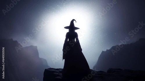 Silhouette of a woman in a witch's hat on a cliff at night
