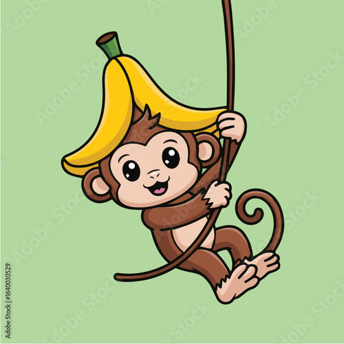 A playful cartoon monkey swings happily from a vine, wearing a banana as a hat, its cheerful expression radiating joy against a vibrant green background