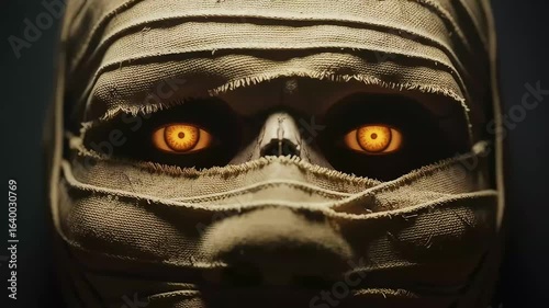 Mummy face close-up with glowing eyes