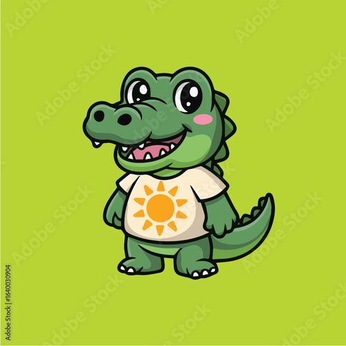 Cheerful cartoon crocodile wearing a sun shirt, a delightful vector illustration perfect for childrens books and playful designs, capturing the charm of this adorable reptile