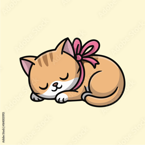 Illustration of a cute kitten cartoon sleeping, this adorable pet is resting and relaxing, perfect for childrens designs, the domestic animal is a great friend to have