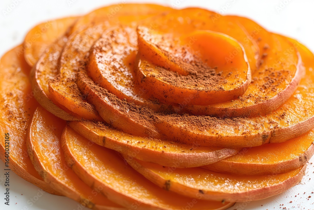 Fototapeta premium A spiral of sweet potato slices with a sprinkle of cinnamon on top. Vegetables, snacks, food. Healthy alternative. White background