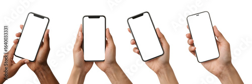 Modern Mobile Devices Showcase: Hands display a series of modern smartphones, each held in a unique orientation. Blank screen provides perfect area for application or design showcase. 