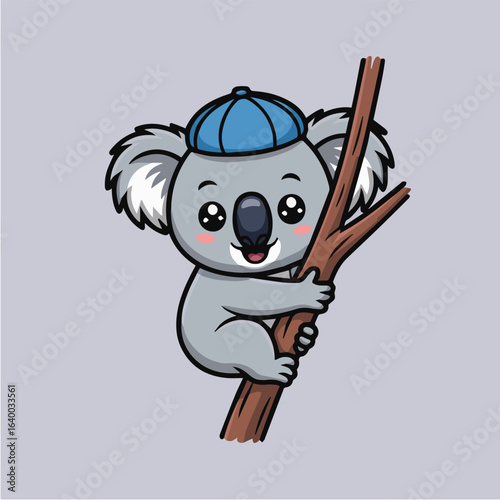 Cute koala cartoon character climbing a tree branch, an adorable and cheerful illustration perfect for wildlife themes, childrens designs, and showcasing australian fauna with a touch of kawaii
