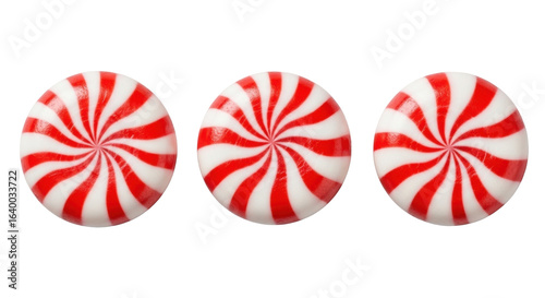 Three round classic peppermint candies, vibrant red and white swirls, glossy, reflective, on seamless transparent, high-angle studio shot, commercial product photography concept