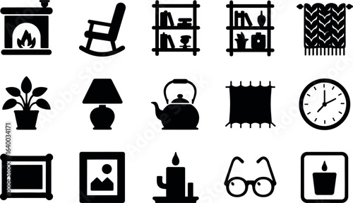 Cozy Home Interior Icons:  Black Silhouette Style, Relaxing Mood
