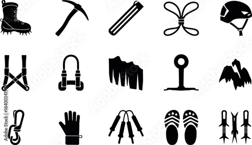 Black and white minimalist mountain climbing equipment icons.