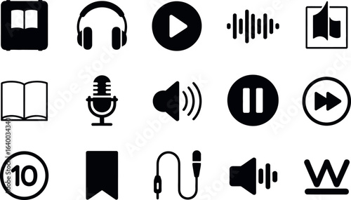 Modern Audiobook App Icons:  Play, Pause, Volume, and Bookmark Glyphs