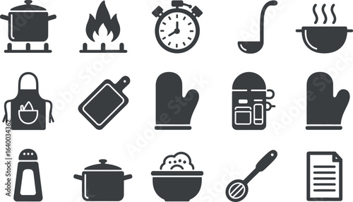 Modern Cooking Utensil Icons:  Simple, Flat, Gray, Vector Graphics