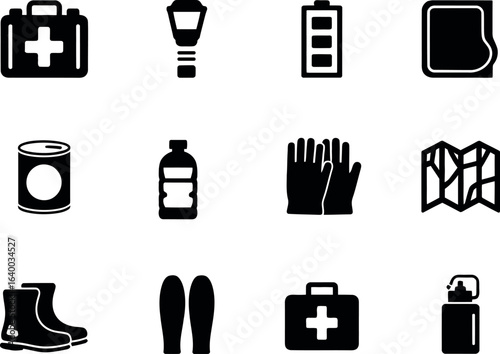 Essential Survival Kit Icons: Black Glyph Style, Emergency Preparedness
