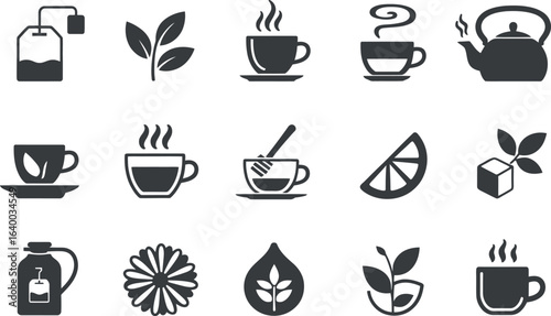 Simple Tea Icons:  Brewing, Steaming Cups, Kettle, and Herbal Elements