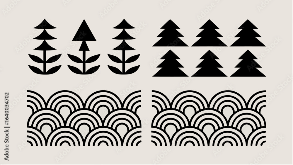 Geometric trees and arch patterns in black and white creating a symmetrical and balanced design | editable eps vectors silhouette Geometric trees and arch patterns in black and white creating a symmetrical and balanced design | editable eps vectors silhouette