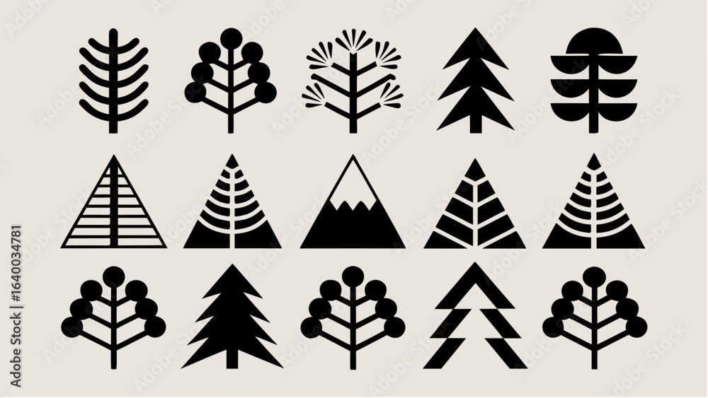 Obraz premium Collection of diverse stylized black trees and mountain peaks on a light background illustration art | editable eps vectors silhouette