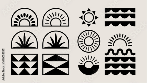 Collection of black and white minimalist design elements featuring suns plants waves and geometric shapes art |  editable eps vectors silhouette