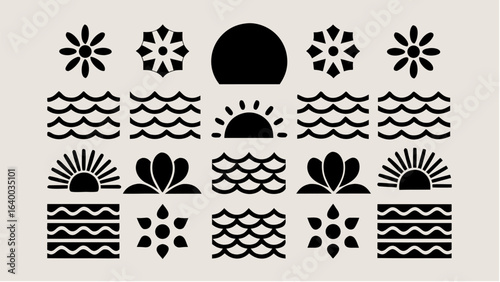 Collection of stylized floral, wave, sun, and geometric patterns arranged in a grid format design art |  editable eps vectors silhouette