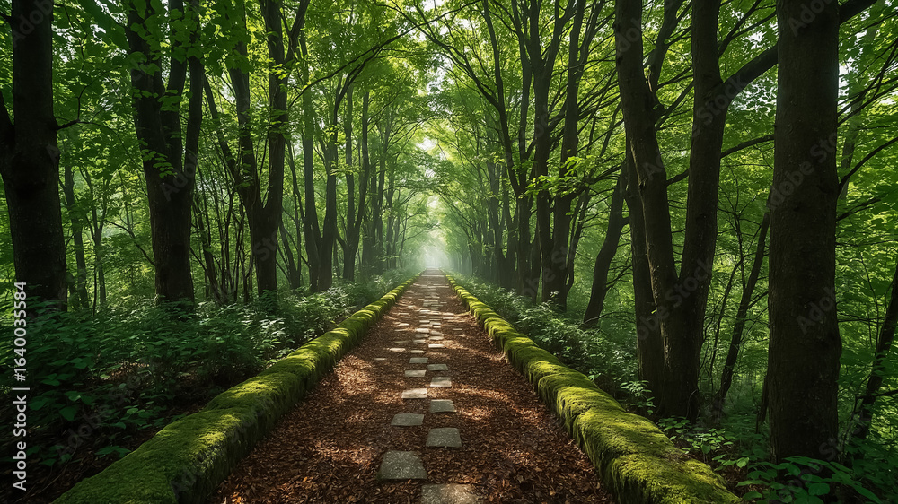 Fototapeta premium Sunlit Pathway Through a Lush Green Forest with Mossy Stone Borders sunlight