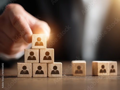 Wallpaper Mural Business manager selecting leader and building successful team. Businessman stacking wooden blocks. People icons and lens flare light. Torontodigital.ca