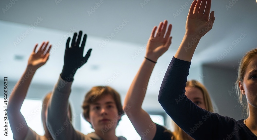 Students Raising Hands in Classroom with Blurred Background Students Raising Hands in Classroom with Blurred Background